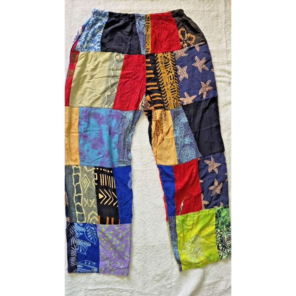 VTG Patchwork Pants Boho Hippie Festival Wide Leg Baggy Colorful Cotton L